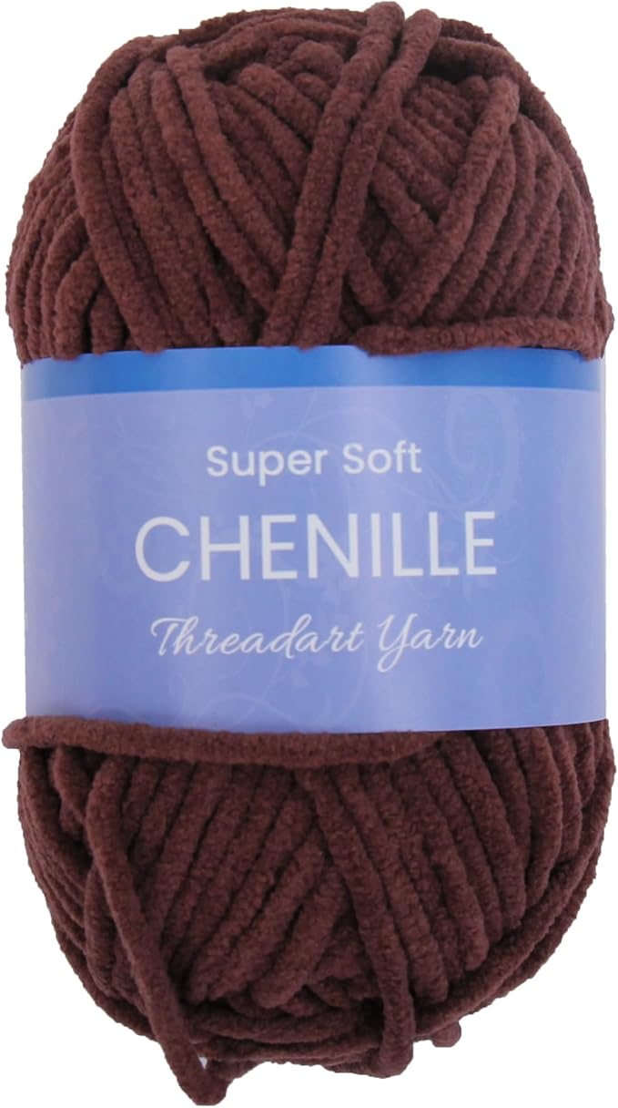 ThreadArt Chenille Yarn for Crocheting, Knitting, Amigurumi, Super Soft Plush Velvet Yarn - 50 Gram 60 yds #5 Fluffy Yarn Skeins - Chocolate Brown 14
