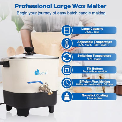 Yuuchail Wax Melter for Candle Making, 7Qts Large Wax Melting Pot with Digital Display & Non-Stick Tilted Bottom Easy Clean Up for Craft or Business