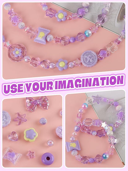 150PCS Acrylic Pastel Beads for Jewelry Making, Kalolary Colorful Bow Butterfly Flower Kawaii Plastic Candy Heart Cute Macaroon Aesthetic Beads for Bracelet Necklace DIY Supplies (Purple)