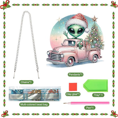 Alien Diamond Painting Hanging Ornament Kit, 5D DIY Christmas Truck & Tree Pendant Decoration with Santa Hat, Crystal Diamond Art Kit for Adults Home Wall Door Window Xmas Decor (24.1x22.6cm)
