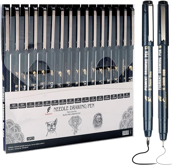 MAIKEDEPOT Micro Fineliner Drawing Art Pens Calligraphy Pens for Artist Drawing Supplies, 16 Set Waterproof Black Ink Pens for Sketching,Outline,Stippling
