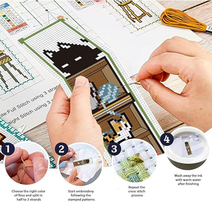 FREEBLOSS 6 Set Cross Stitch Bookmark Kit Counted Cross Stitch Kit Embroidery Bookmarks with Instruction Cartoon Cat Embroidery Kit for Beginners Adults 8''x2.4''