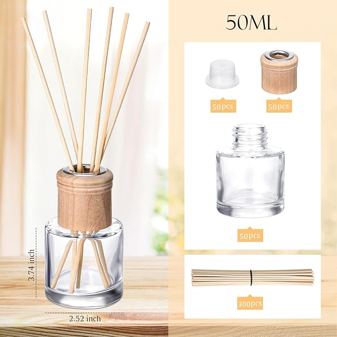 Roshtia 50 Set Reed Diffuser Bottle Empty Refillable Fragrance Glass Diffuser Bottles Set with Wooden Caps Sticks 50ml 1.7 oz Round Glass Jars for DIY Fragrance