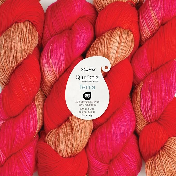KnitPro Symfonie Hand Dyed Yarn | Extra Fine Merino Wool & Polyamide Blend for Knitting & Crocheting, Fingering Weight, Oeko-TEX Certified 400m, 100g Skein | Terra Variegated Rhubarb