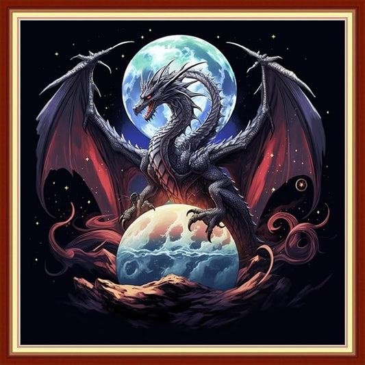 Joyhoor Stamped Cross Stitch Kits for Beginners, Needlepoint Kits for Adults, 11CT Counted Embroidery Kits-Moon Dragon 18x18 inchs