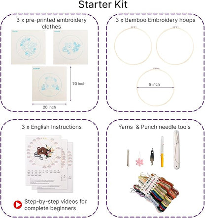 Looples Embroidery Kit for Beginners and Adults with Video Tutorials – DIY Starter Kit with 3 Stamped Floral Patterns, Hoops, Threads, Needles, and Instructions (Car, Globe and Camera)