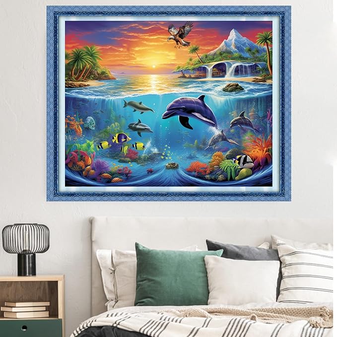 Dimxvean Stamped Cross Stitch Kits,Cross Stitch Kits for Adults Beginners,Embroidery Kits Full Range of Cross Stitch Stamped Kits Needlepoint Kits Cross Stitch Patterns-Ocean World 16x20 inch