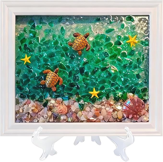 Sea Stained Glass Craft Kit: Sea Turtle Mosaic Kit for Adults, DIY Resin Art Kit with Crushed Seaglass, Beach Frame Glass Artwork Craft Kit, Beginner Adult Crafts for Home Décor & Ocean Art Projects