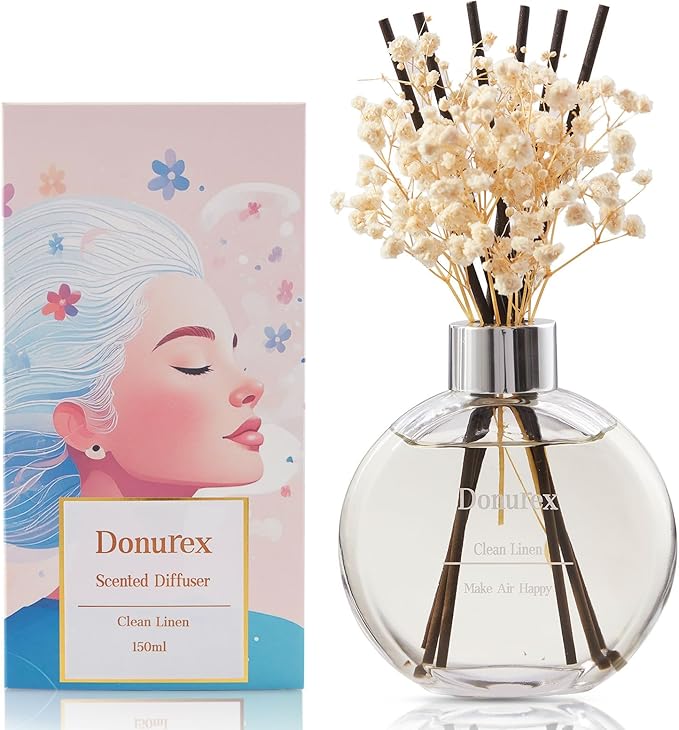 Donurex Flower Reed Diffuser Set 5.07oz Clean Linen Scent Diffuser with Sticks Home Fragrance Reed Diffuser for Bathroom Shelf Decor