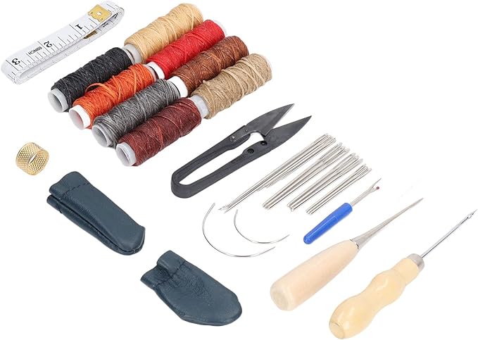 32Pcs Leather Craft Tools Kit, All in One Hand Sewing Kit for DIY Leather Goods Making, Stainless Steel Leather Working Tools with Wax Thread, Needles and Accessories for Beginners