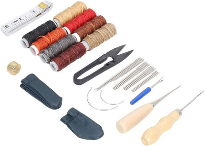 32Pcs Leather Craft Tools Kit, All in One Hand Sewing Kit for DIY Leather Goods Making, Stainless Steel Leather Working Tools with Wax Thread, Needles and Accessories for Beginners