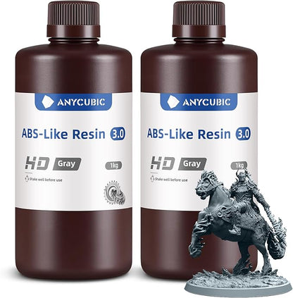 ANYCUBIC 3D Printer Resin Bundle, ABS-Like 3.0 Resin for 8K/14K/16K 3D Printing, Strong Strength, High Precision, Low Odor, Wide Compatibility for All LCD Resin 3D Printers (HD Grey, 2kg)