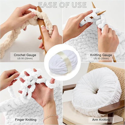ERLYEEN Chenille Chunky Yarn Super Bulky Soft Thick Fluffy Jumbo Giant Washable Polyester Big Yarn DIY for Arm Knit Blanket Cushion Bed Sofa Home Decor,White,0.55LB