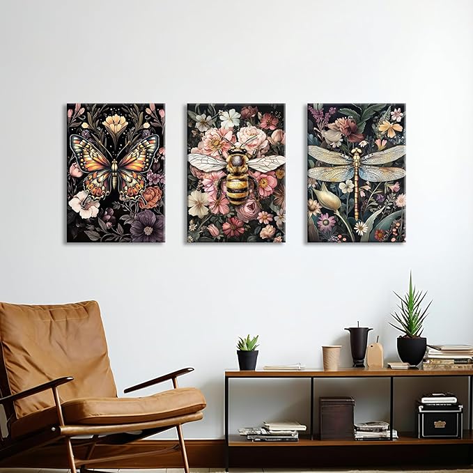 WENGTIAO 3Pcs Vintage Insect Canvas Wall Art Gothic Dark Flower Prints Bee Butterfly Dragonfly Pictures Nature Plant Paintings Artwork for Living Room Bathroom Bedroom 16x24x3