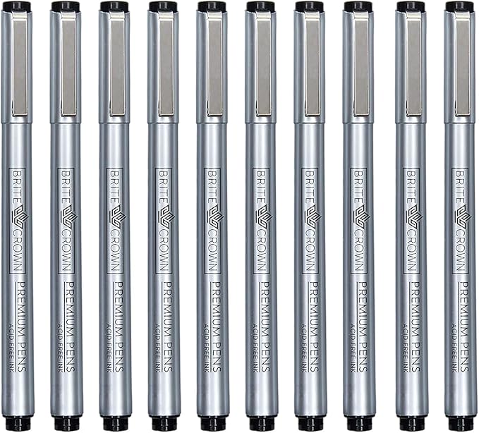 Brite Crown Drawing and Sketching Pens Set - 10 Black Fineliner Pens 0.2mm to 1.0mm Width Tips & 2.5mm Micro Calligraphy Brush-tip Pen, Ideal Gift Idea for Artists and Beginners