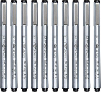 Brite Crown Drawing and Sketching Pens Set - 10 Black Fineliner Pens 0.2mm to 1.0mm Width Tips & 2.5mm Micro Calligraphy Brush-tip Pen, Ideal Gift Idea for Artists and Beginners