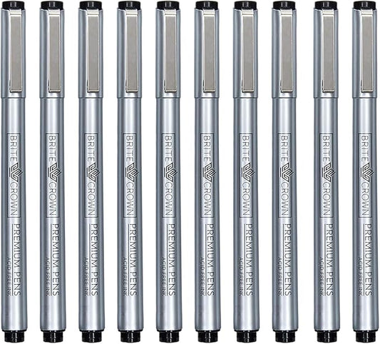 Brite Crown Drawing and Sketching Pens Set - 10 Black Fineliner Pens 0.2mm to 1.0mm Width Tips & 2.5mm Micro Calligraphy Brush-tip Pen, Ideal Gift Idea for Artists and Beginners