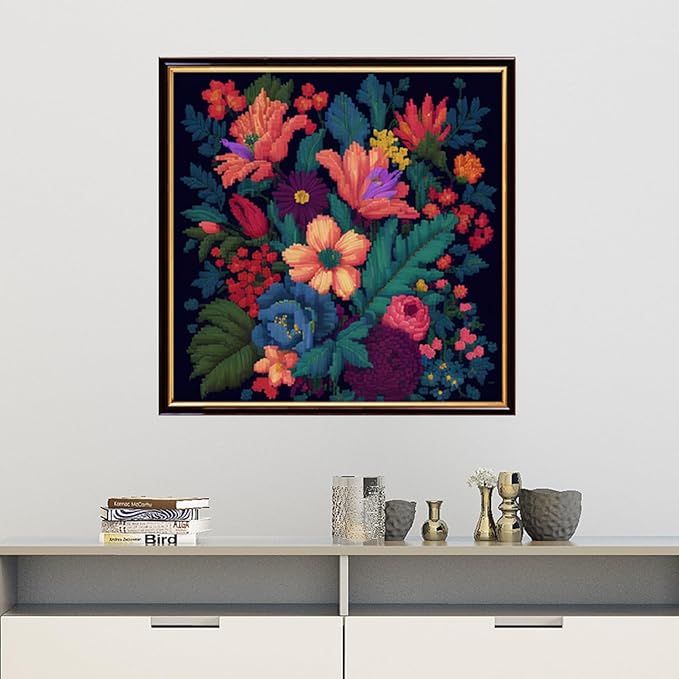 Findvoor Stamped Cross Stitch Kits for Beginners Full Range of Cross Stitching Embroidery Pattern for Adults, 11CT DIY Needlepoint Embroidery Starter Kits-Colorful Flowers 17.7x17.7 inch