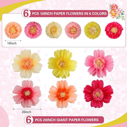 Crowye 12 Pcs Large Colorful Tissue Paper Flowers Decorations 20" Giant Fiesta Craft Crepe Paper Flowers for Wall Decor Backdrop Mexican Wedding Birthday Carnival Party (Fresh Color)