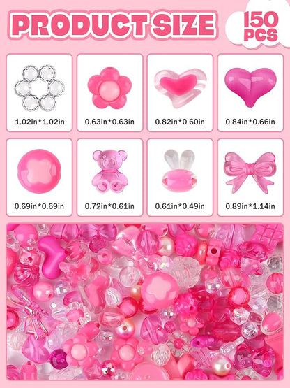 150PCS Acrylic Pastel Beads for Jewelry Making, Kalolary Colorful Bow Butterfly Flower Kawaii Plastic Candy Heart Cute Macaroon Aesthetic Beads for Bracelet Necklace DIY Supplies (Rose Pink)