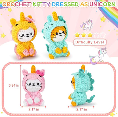 Crochet Kit for Beginners - 3 PCS Unicorn Cat Crochet Kits with Step-by-Step Video Tutorials, Beginner Crochet Kit for Adults, Crochet Animal Kit for Starters, Cat Dressed as Unicorn Set