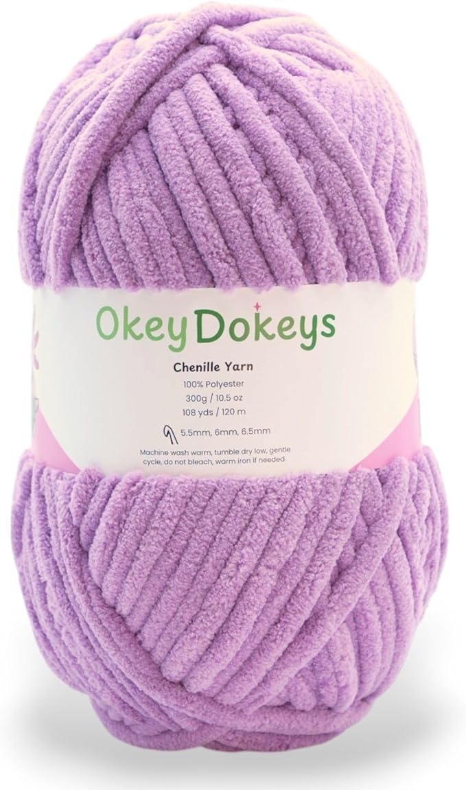 Okey Dokeys 300g Jumbo Velvet Chenille Yarn 7 Jumbo – Plush, No-Fray, Durable Plushies, Posh Soft Crochet Projects Beginner Friendly (130 yds) (Lavender Latter Purple (104), 1 Pack (17.90/Skein))