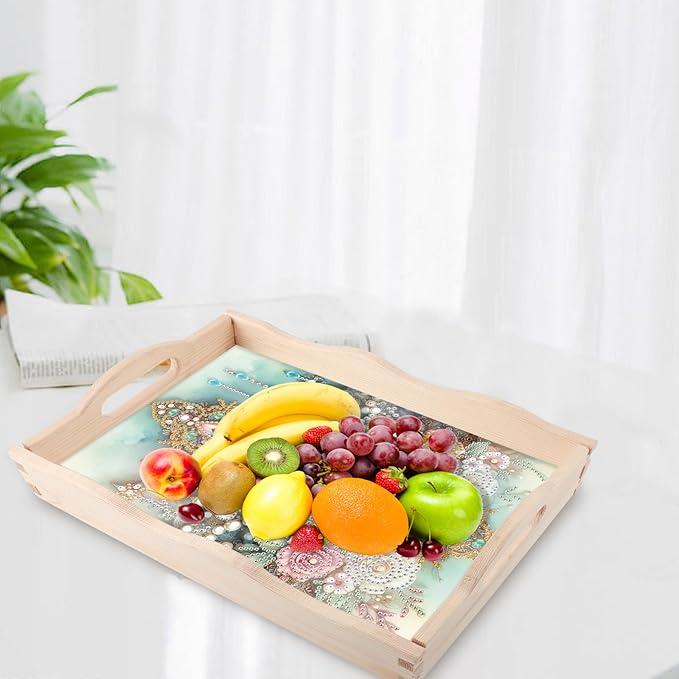JZHYOAN Flower Diamond Painting Trays for Adults, DIY Cross Creative Design, Kitchen Platters for Entertaining Breakfast Coffee Table Decoration for Living Room Coffee Serving Table Tray