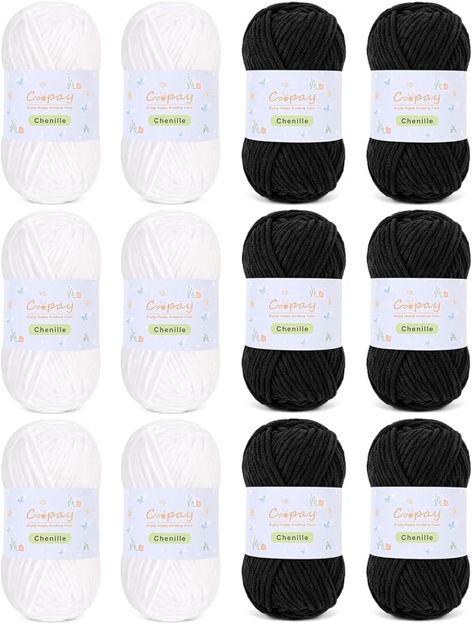 Coopay Chenille Yarn for Crocheting/Knitting, 12 Pack Medium Worsted Weight Yarn of 50g/1.76oz - Total 780yd, Soft Velvet Crochet Yarns for Plush Toys, Baby Blankets, Scarves (Black/White)