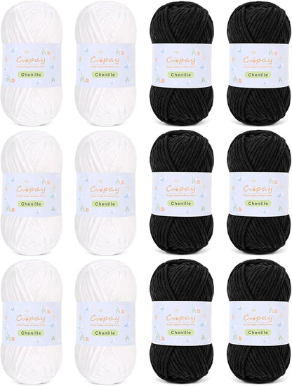 Coopay Chenille Yarn for Crocheting/Knitting, 12 Pack Medium Worsted Weight Yarn of 50g/1.76oz - Total 780yd, Soft Velvet Crochet Yarns for Plush Toys, Baby Blankets, Scarves (Black/White)