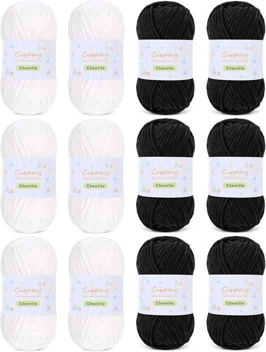 Coopay Chenille Yarn for Crocheting/Knitting, 12 Pack Medium Worsted Weight Yarn of 50g/1.76oz - Total 780yd, Soft Velvet Crochet Yarns for Plush Toys, Baby Blankets, Scarves (Black/White)