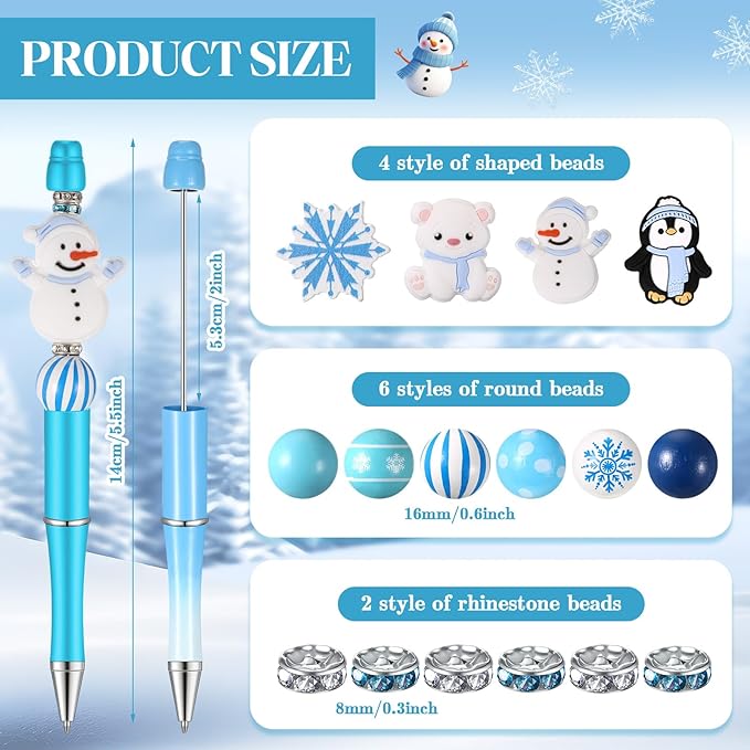 Geyee 12 Set Plastic Beadable Pens Assorted Bead Pens Crystal Wood Round Spacer Set Black Ink DIY Ballpoint for Women Men Gift Office Supplies(Polar Animals)