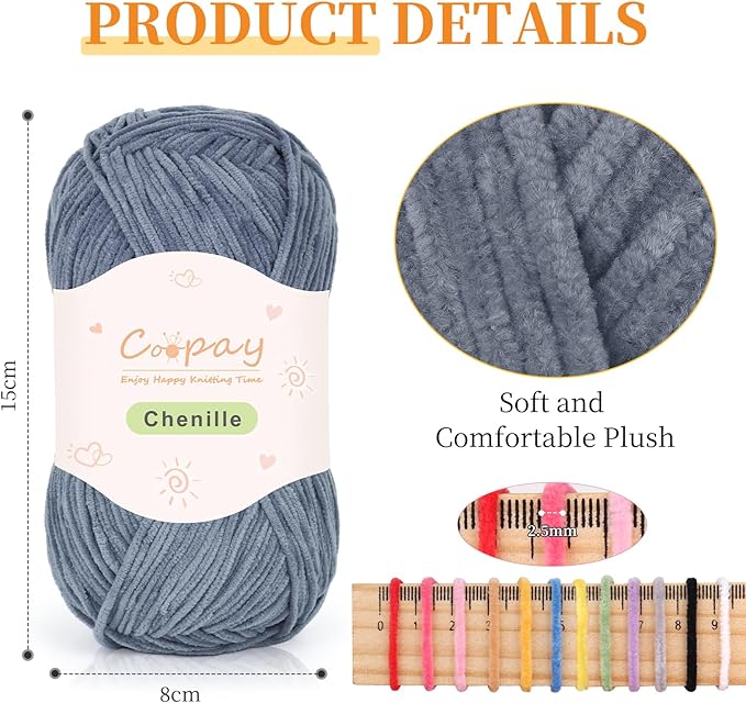 Coopay Skinny Chenille Yarn for Crocheting and Knitting, 12 Pack of 50g/1.76oz - 1764yd Total, Soft Fluffy Crochet Yarn of Baby Weights - Suitable for Baby Blankets, Plush Toys - (Black and Grey)