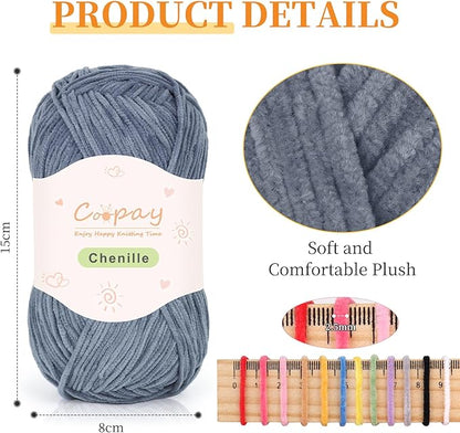 Coopay Skinny Chenille Yarn for Crocheting and Knitting, 12 Pack of 50g/1.76oz - 1764yd Total, Soft Fluffy Crochet Yarn of Baby Weights - Suitable for Baby Blankets, Plush Toys - (Black and Grey)