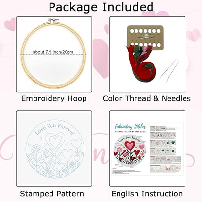 Nuberlic Valentine Embroidery Kit for Beginners - Heart Floral Design Adults Starter Cross Stitch Kit DIY Needlepoint with Hoop, Pre-Printed Fabric, Threads & Step-by-Step Guide