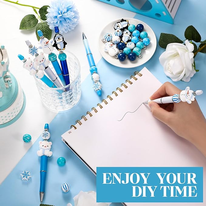 Geyee 12 Set Plastic Beadable Pens Assorted Bead Pens Crystal Wood Round Spacer Set Black Ink DIY Ballpoint for Women Men Gift Office Supplies(Polar Animals)