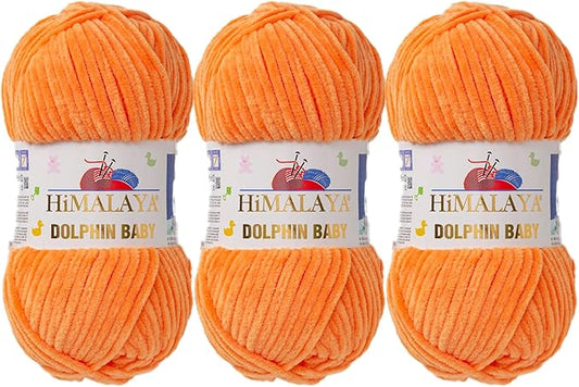 3 Skein/Pack Himalaya Dolphin Baby Chenille Yarn, Each Ball 100 gr (3.5 oz), 120 m (132 Yards), 100% Polyester, Super Bulky Baby Blanket Velvet Amigurumi Yarn, 80316 - Orange