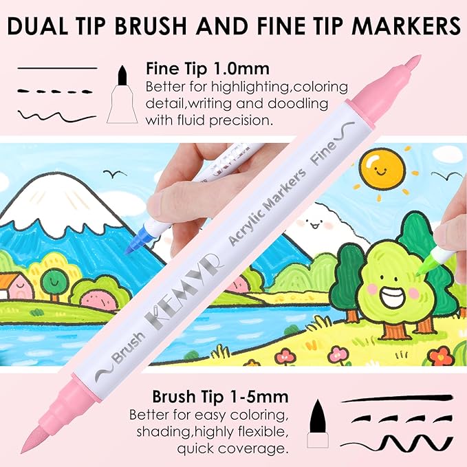 KEMYR 72 Colors Brush & Fine Tip Acrylic Paint Pens, Dual Tip Acrylic Paint Markers for Paper, Wood, Canvas, Stone, Rock, Glass, Fabric, DIY, Ceramic, Art Supplies for Adults Drawing