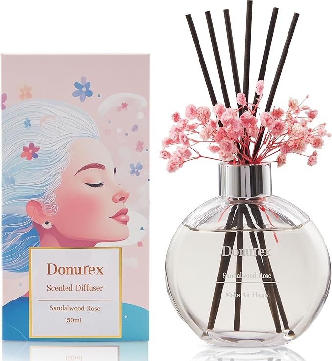 Donurex Flower Reed Diffuser Set 5.07oz Sandalwood Rose Scent Diffuser with Sticks Home Fragrance Reed Diffuser for Bathroom Shelf Decor