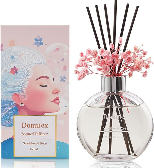 Donurex Flower Reed Diffuser Set 5.07oz Sandalwood Rose Scent Diffuser with Sticks Home Fragrance Reed Diffuser for Bathroom Shelf Decor
