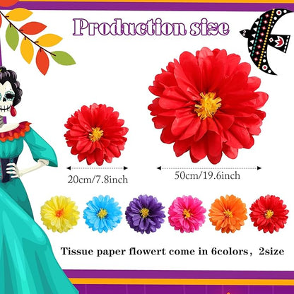 Watersay 36 Pcs 10" 20" Giant Mexican Fiesta Paper Flowers Colorful Tissue Crepe Flowers Pom Poms Craft for Floral Party Backdrop Wedding Birthday Party (Classic Color)
