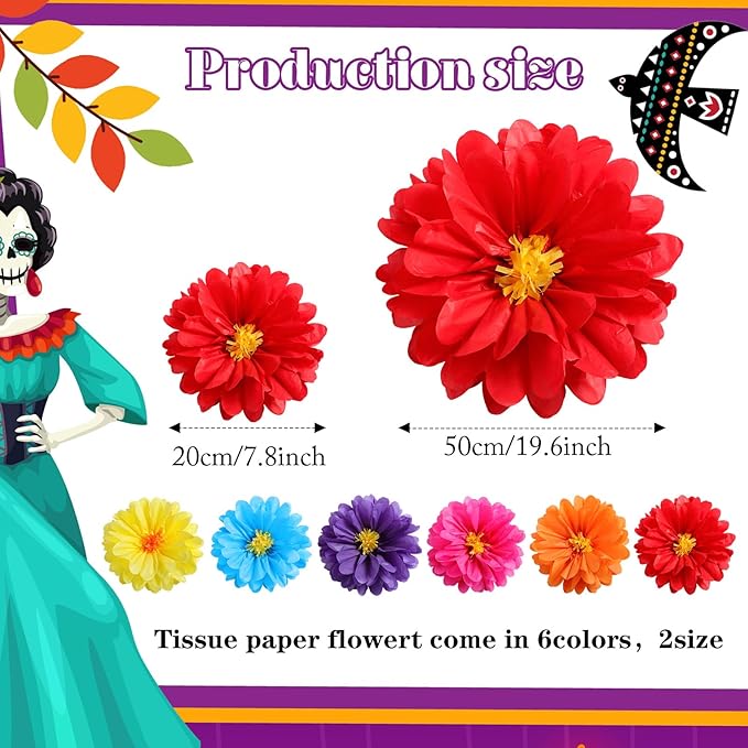 12 Pcs 10" 20" Giant Mexican Fiesta Paper Flowers Colorful Tissue Crepe Flowers Pom Poms Craft for Floral Party Backdrop Wedding Birthday Party (Classic Color)