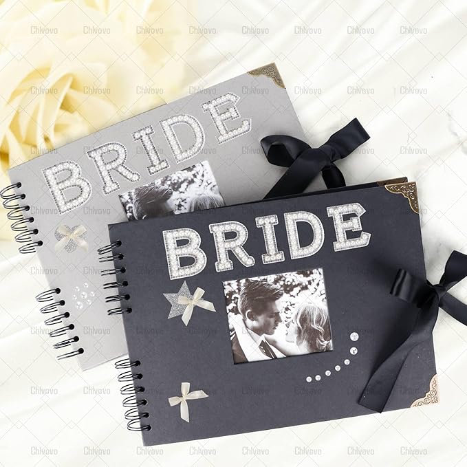Letters to The Bride Scrapbook Photo Album, 8 x 12 Inch Wedding Memory Book, Black DIY Guest Book with Pearl Stickers, Metallic Letters, Bows，Blank Scrapbook(Black)