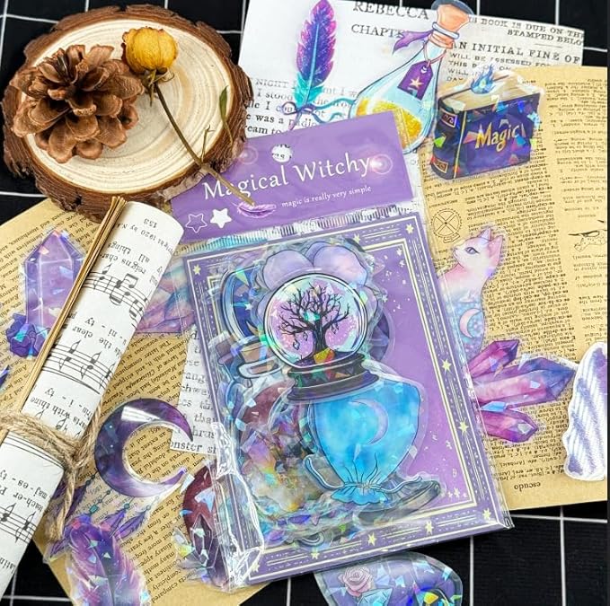 50PCS Holographic Witchcraft Stickers for Scrapbooking – Magic Astrology Clear Witchy Stickers with Iridescent Effect – Aesthetic Moon Crystal Spell Book Cat Decals