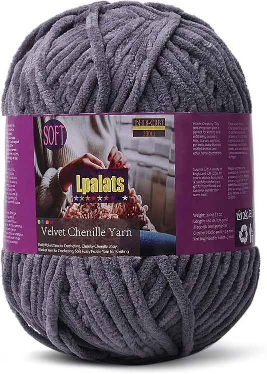 Baby Blanket Yarn for Crocheting - 1 Pack of 200g/7oz Chunky Chenille Yarn for Knitting Blankets Amigurumi - #6 Super Bulky - 174 Yards Soft Thick Plush Yarns (1, Dark Grey)