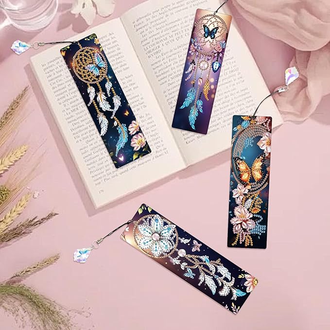 4 Pack Diamond Painting Bookmarks for Adults, 5D DIY Diamond Art Bookmark Kit with Tassels, Rhinestone Craft Supplies for Reading Lovers, Dreamcatcher & Butterfly Designs