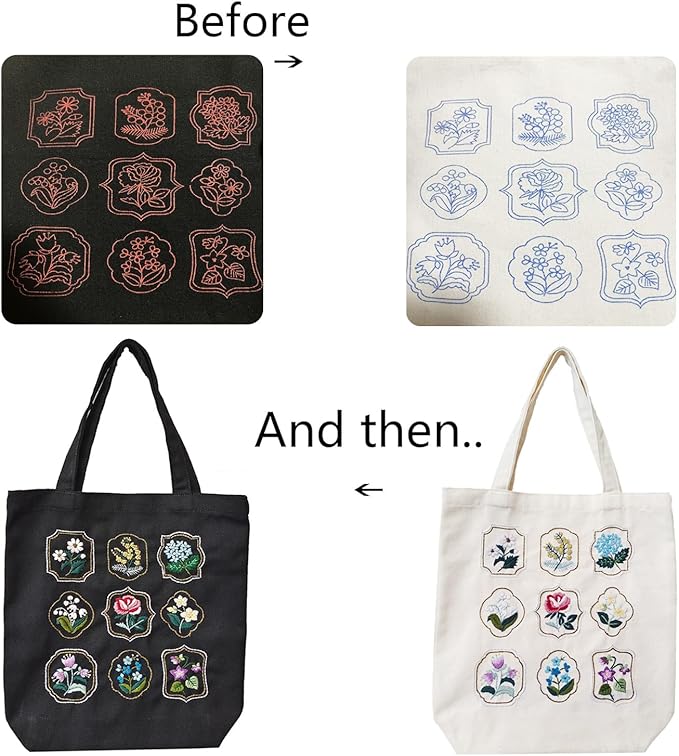 SUPBRAIN Embroidery kit, Canvas Tote Bag Embroidery Kit, Include Stamped Flower Pattern, Hoop, Color Threads and Tool, Suitable for Beginners, Adults Arts and DIY Crafts Kits (Black)
