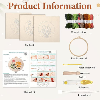 Lyksgir 3 Sets Punch Needle Kits, Punch Needle Embroidery Starter Kits for Adults Beginners, DIY Easy Flower Embroidery Set with Printed Pattern, Hoops, Yarns, Instruction and Threader Tools