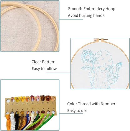 Nuberlic Sunflower Embroidery Kit for Beginners, Full Set of Stamped Gnome Cross Stitch Kit for Adults Including Threads, Hoops and Instruction