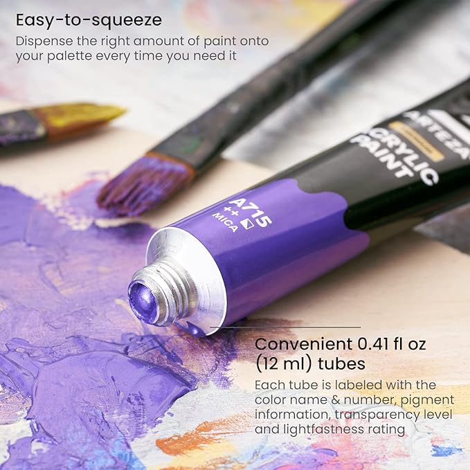 ARTEZA Acrylic Paint Set 50 Colors 0.41 fl oz High-Viscosity, Richly Pigmented Paints for Canvas, Wood & Crafts. Non-Toxic Water-Based Formula, Holiday Gift for Artists & Painters
