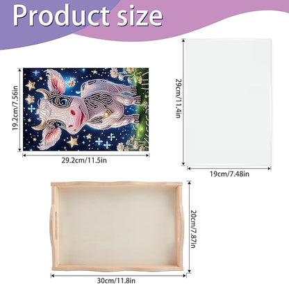 JISHSHAY Diamond Art Serving Tray Diamond Painting Food Tray Gem Art Serving Platter Gem Painting Mosaic Kits for Adults DIY Kits for Adults, with Wood Handle 20×30cm/7.87×11.81in, Cattle Cow